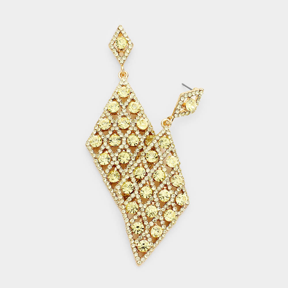 Yellow Detailed Stone Teardrop Pageant Earrings on Gold | Prom Earrings