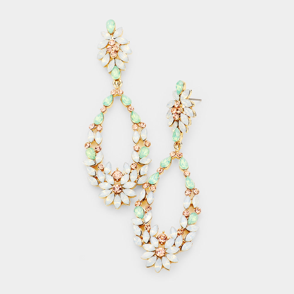 Floral Mint Crystal Stone Hoop Earrings | 3.25"
