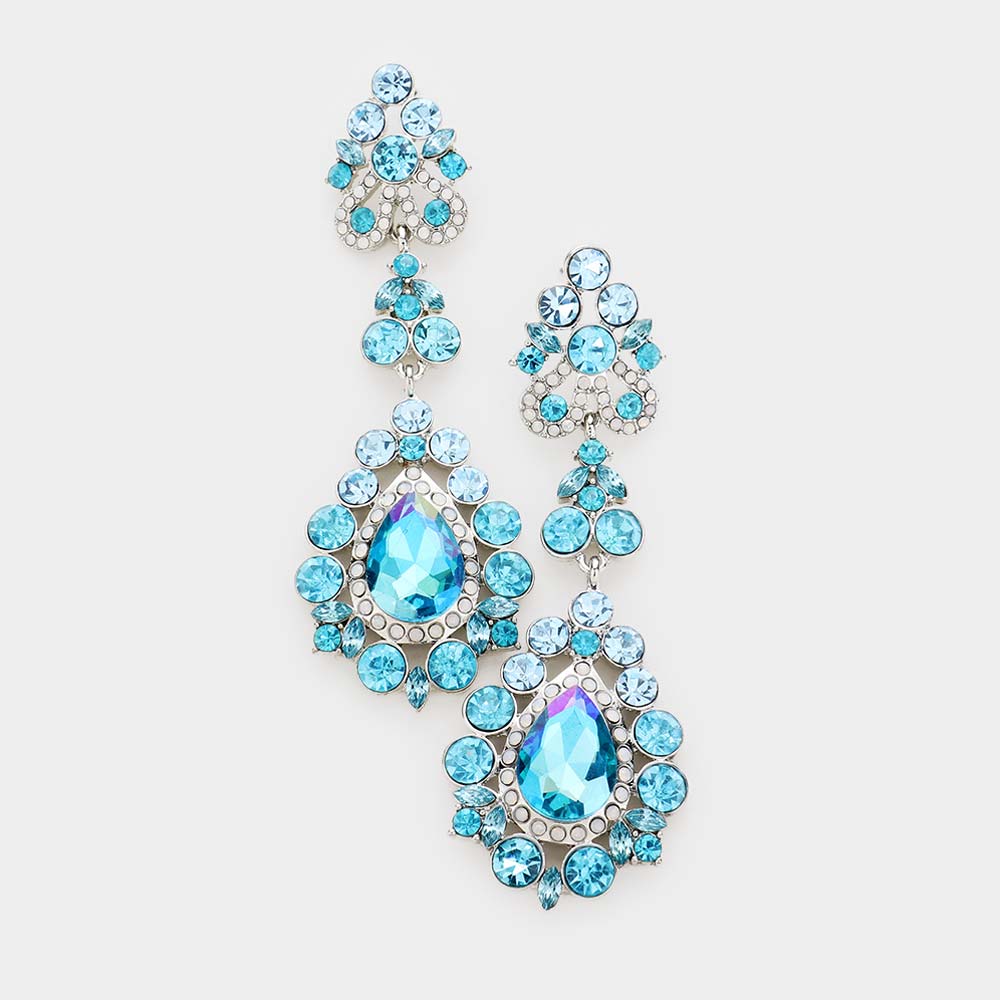 Aqua Round Crystal Stoned Chandelier Earrings | Pageant Earrings