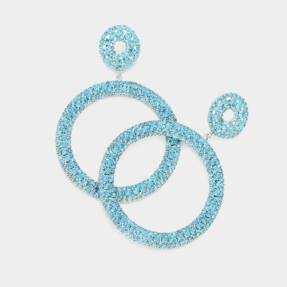 Large Aqua Rhinestone Crystal Pageant Prom Hoop Earrings