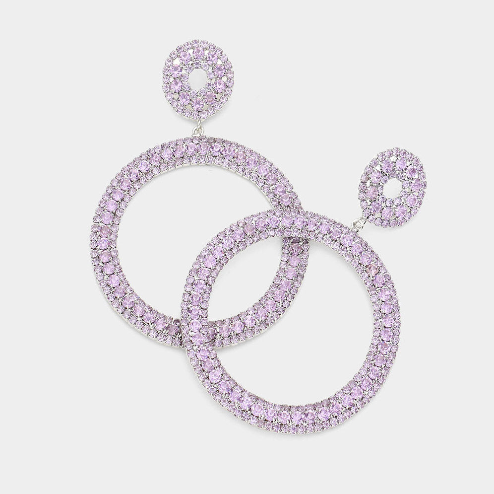  Large Lavender Rhinestone Crystal Pageant Prom Hoop Earrings