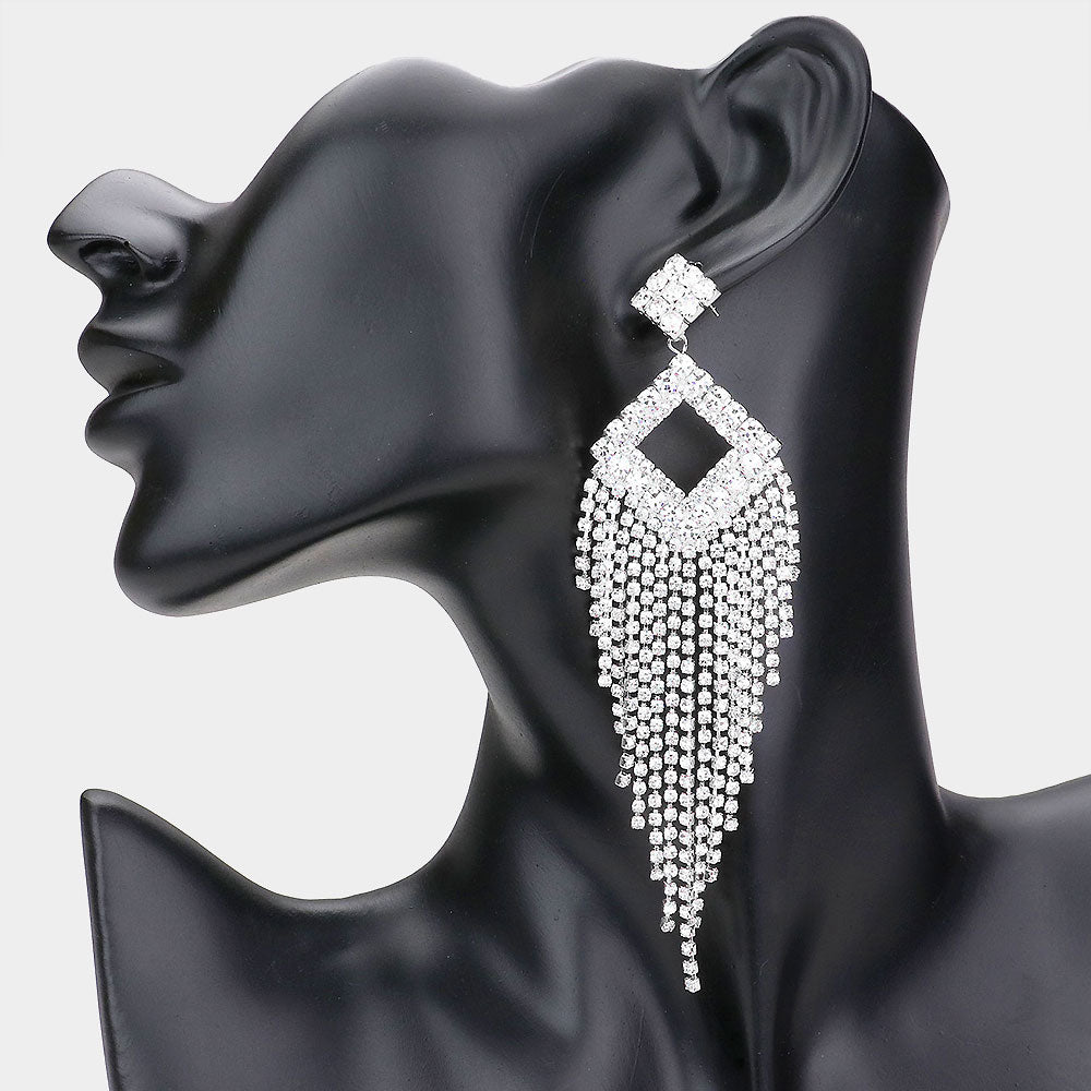 Clear Rhinestone Pave Fringe Pageant Earrings, Prom Earrings