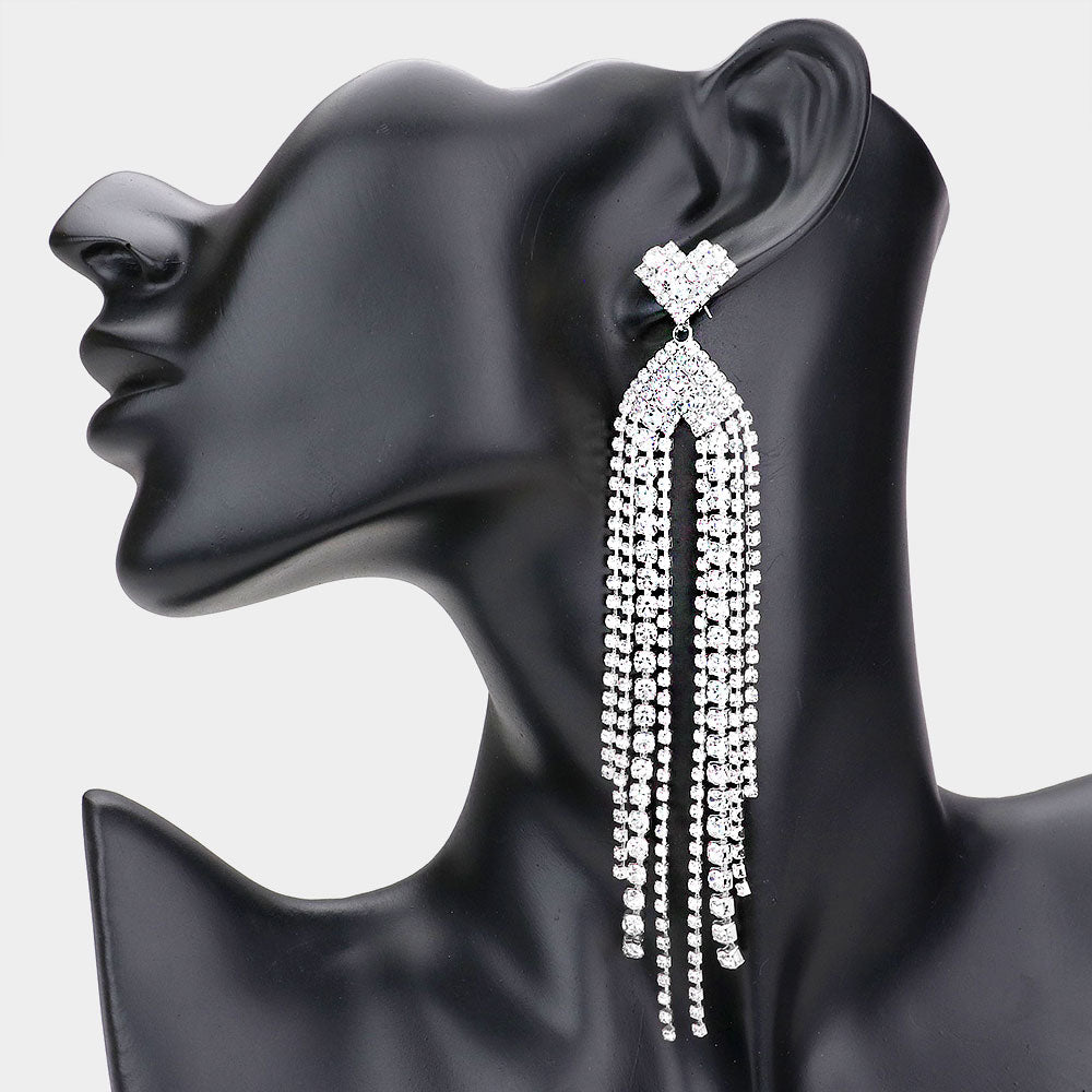 Clear Rhinestone Pave Heart Fringe Pageant Earrings  | Prom Earrings