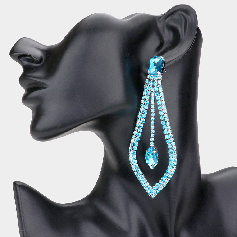 Aqua Crystal Rhinestone Cut Out Chandelier Earrings  | Pageant Earrings