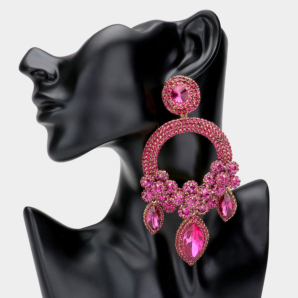 Large Long Elegant Fuchsia Chandelier Pageant Prom Earrings