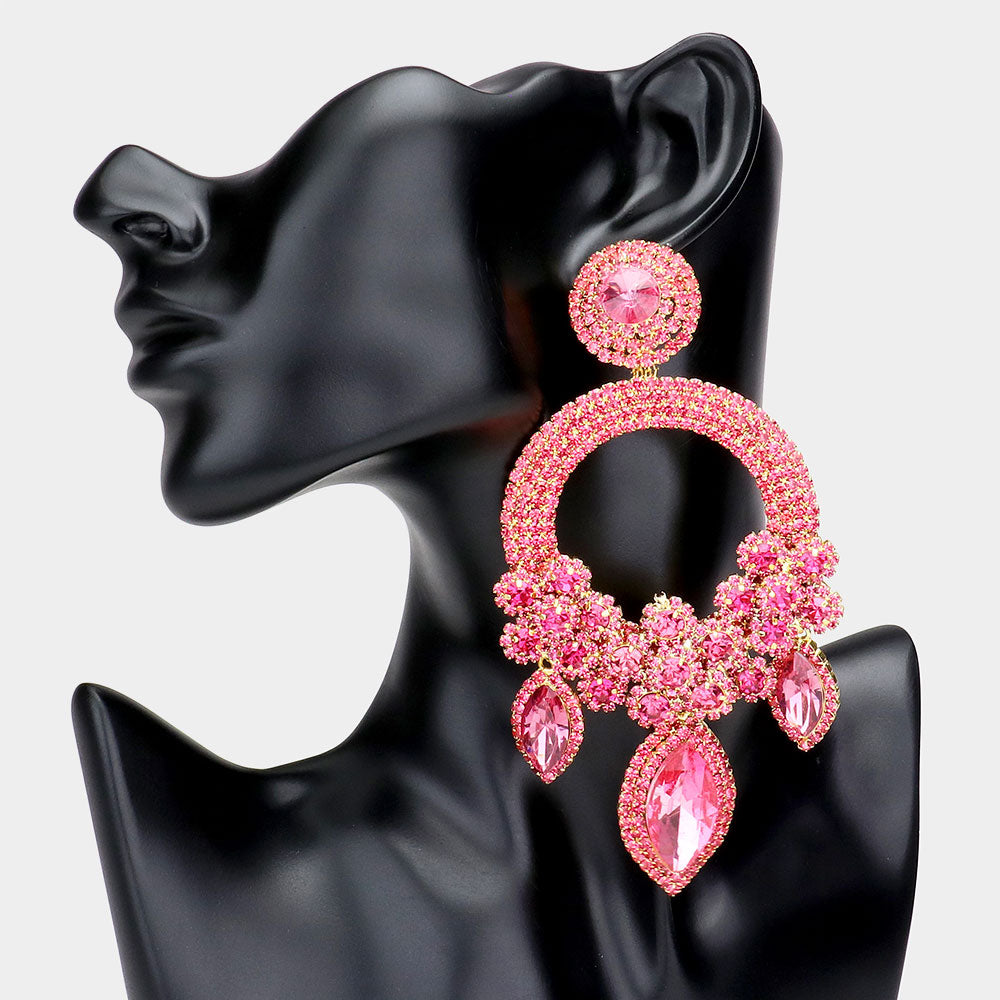 Large Long Pink Chandelier Pageant Prom Earrings