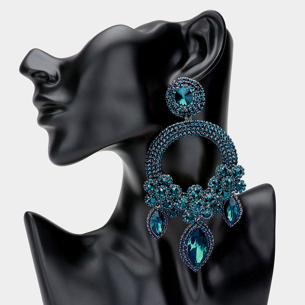 Large Long Elegant Teal Chandelier Pageant Prom Earrings