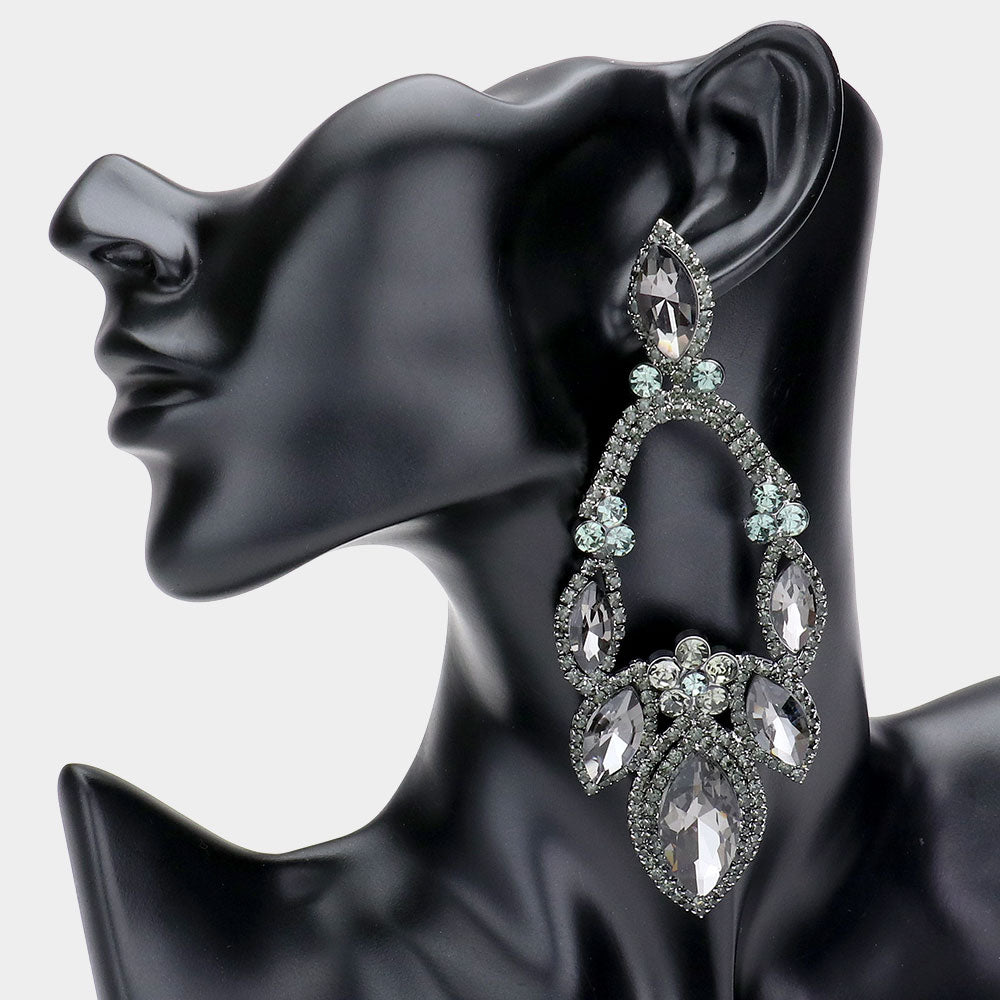 Oversized Black Diamond Crystal Marquise Stone Statement Pageant Earrings