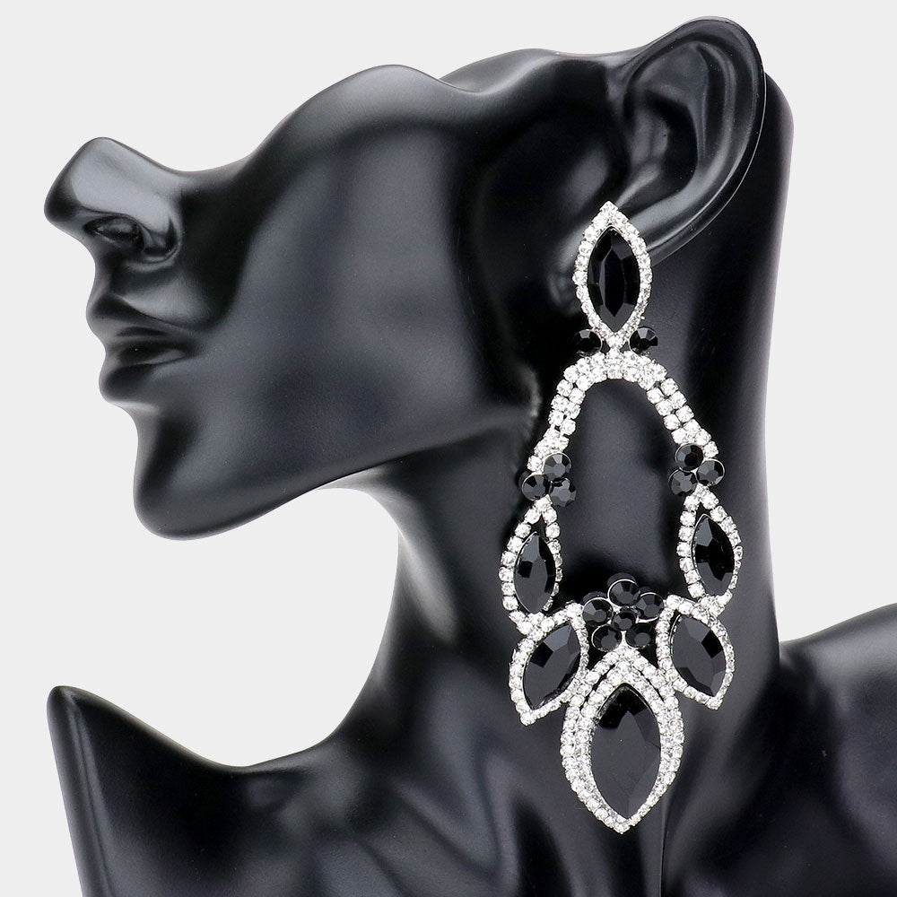Oversized Clear/Black Crystal Marquise Stone Statement Pageant Earrings 