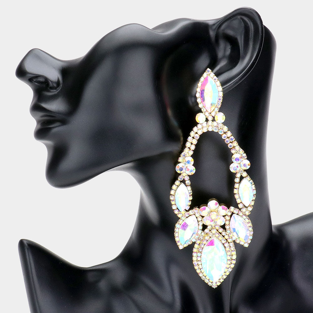 Oversized AB Crystal Marquise Stone Statement Pageant Earrings on Gold