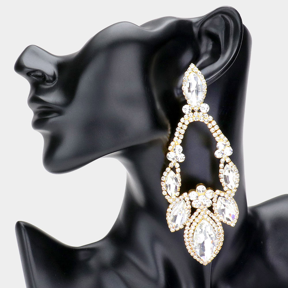 Oversized Clear Crystal Marquise Stone Statement Pageant Earrings on Gold | 509498