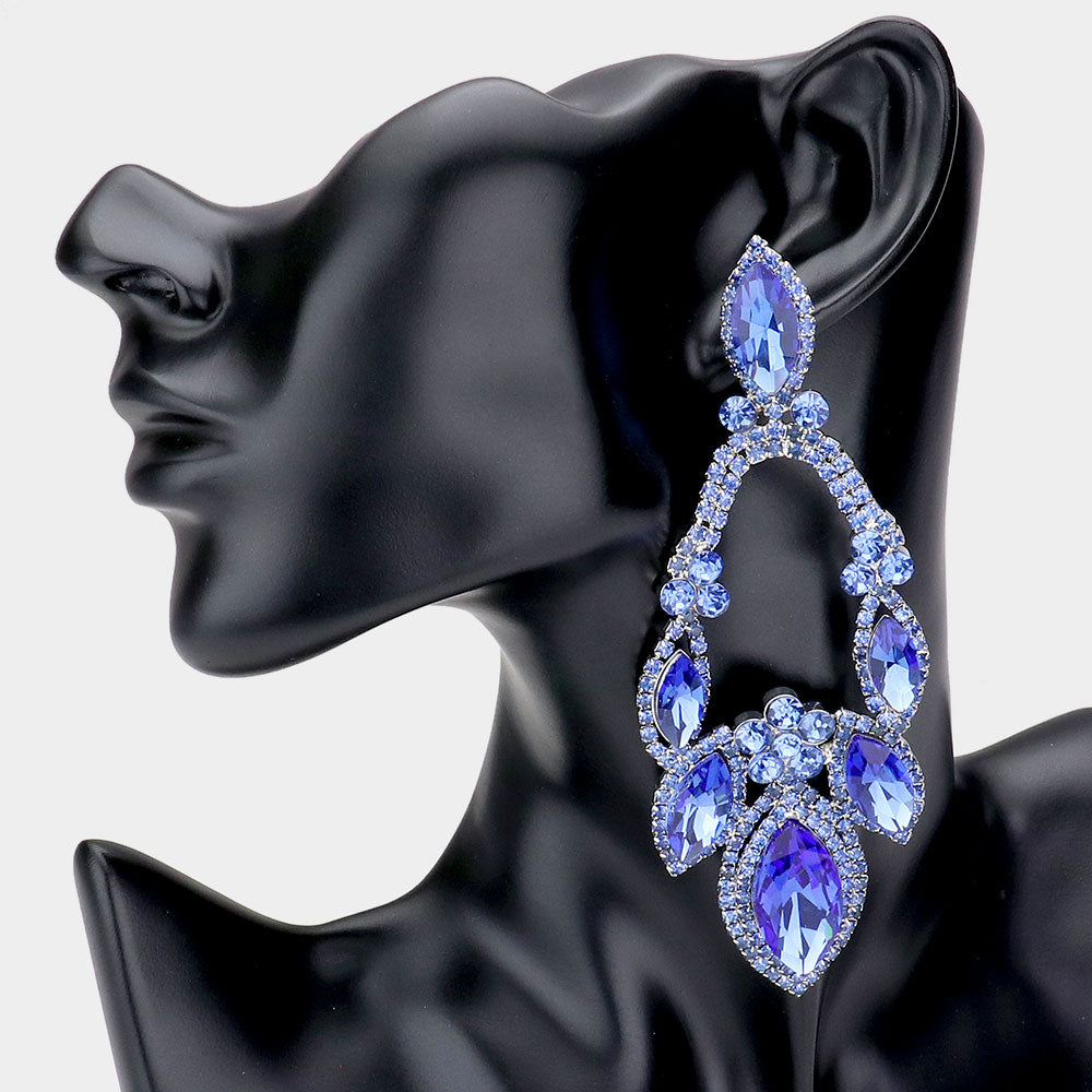 Oversized Light Blue Crystal Marquise Stone Statement Pageant Earrings