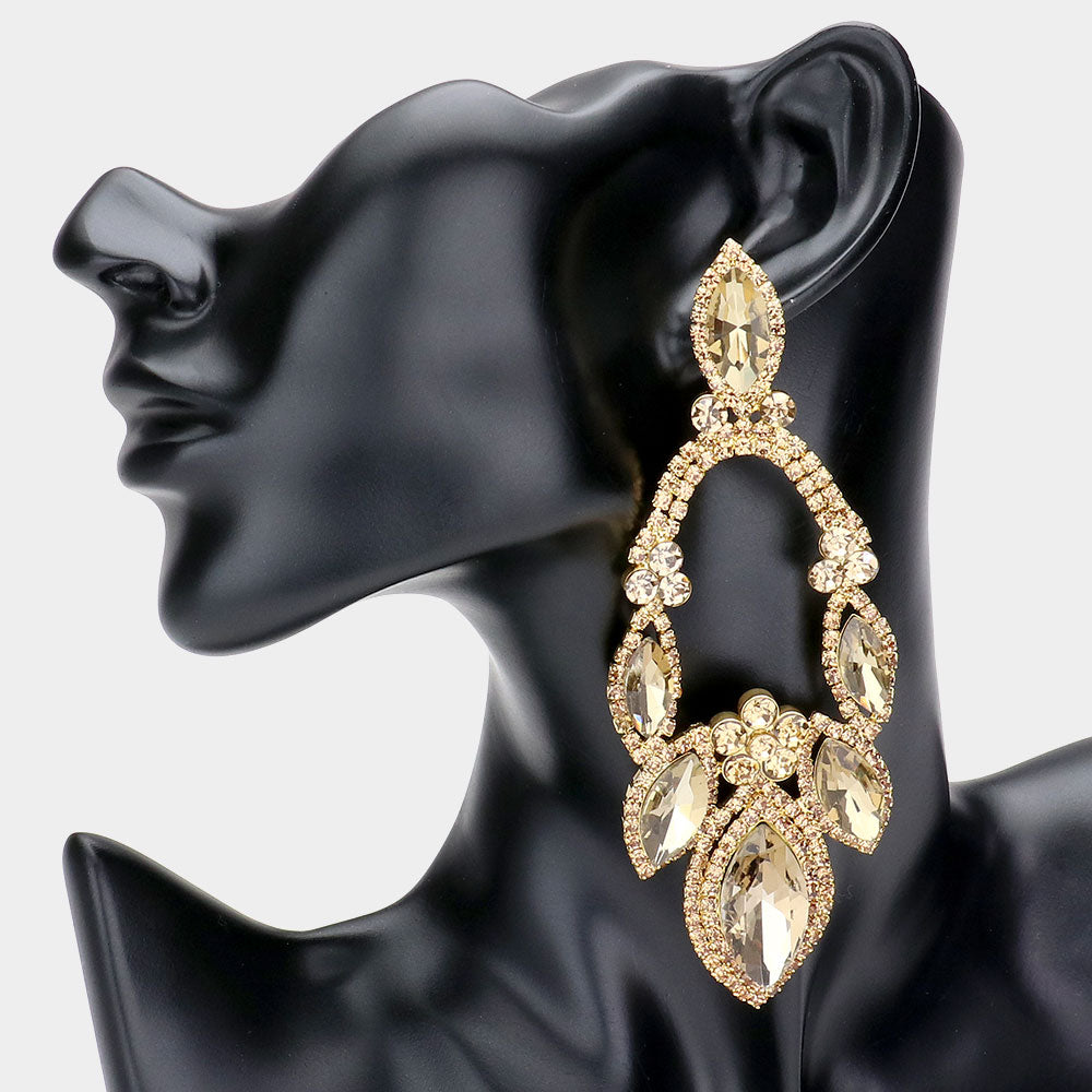 Oversized Gold Crystal Marquise Stone Statement Pageant Earrings