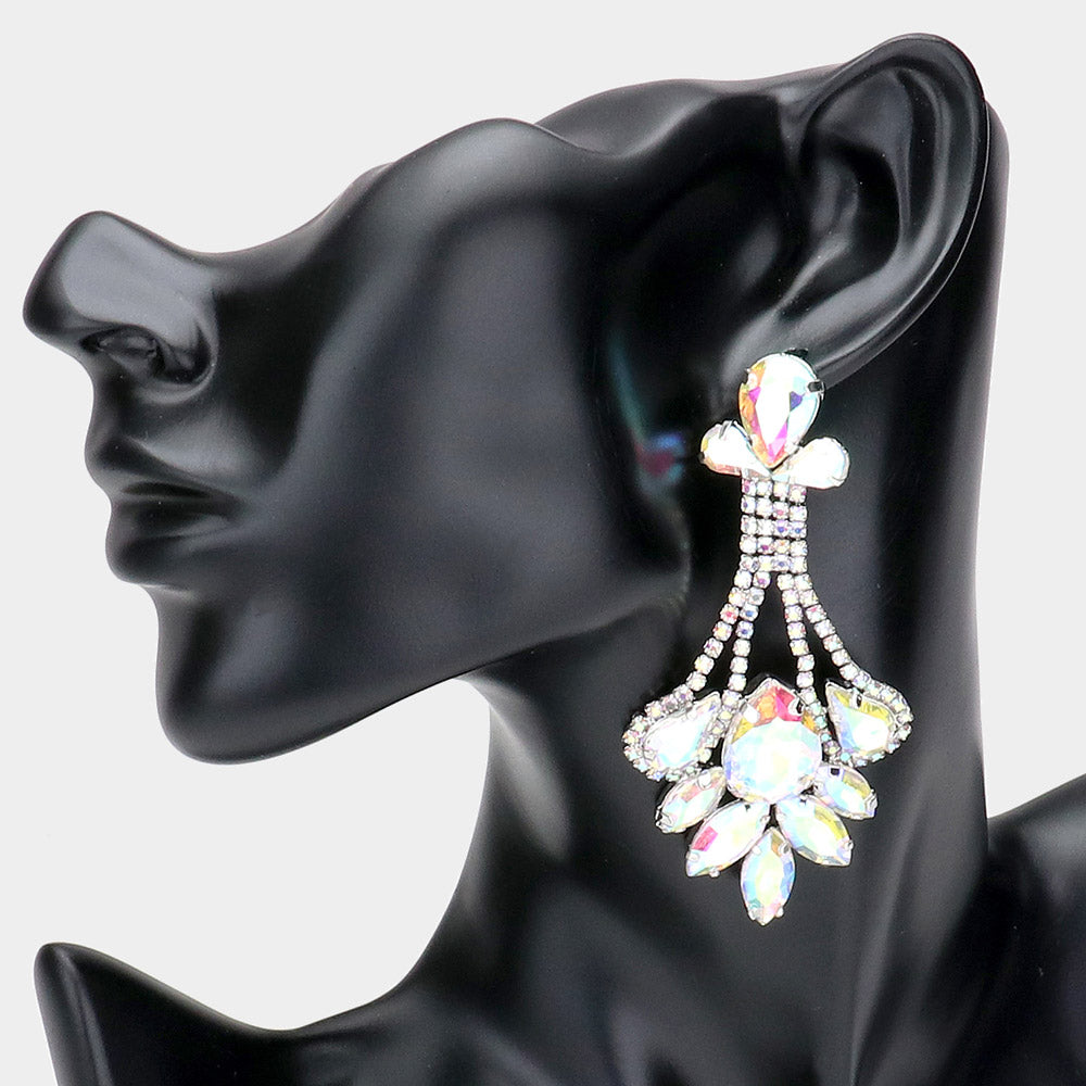 AB Crystal Teardrop Marquise Stone Cluster Chandelier Earrings | Pageant Earrings