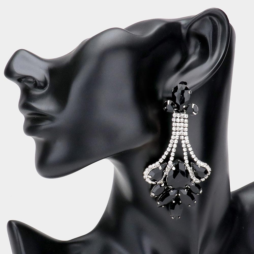 Black Crystal Teardrop Marquise Stone Cluster Chandelier Earrings | Pageant Earrings