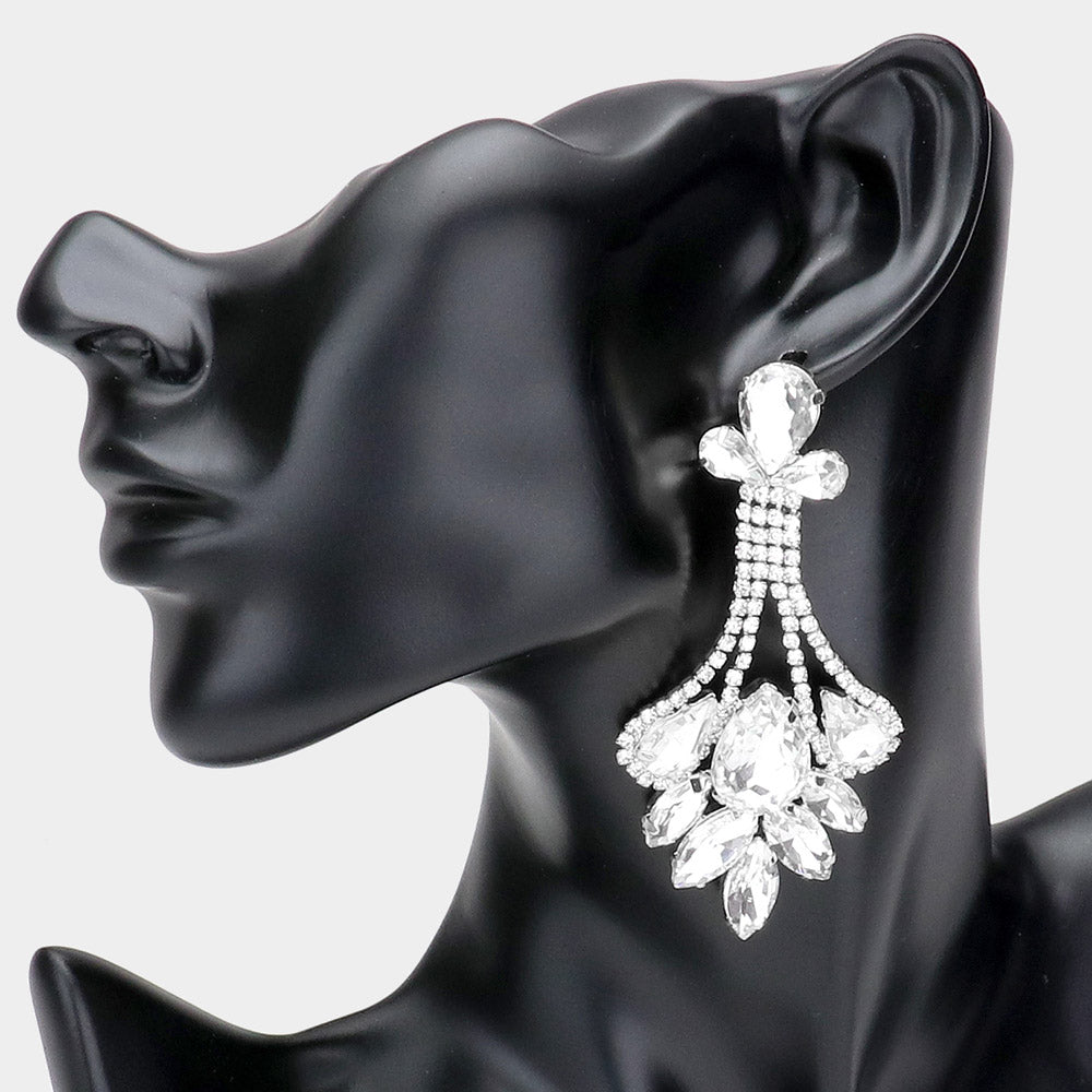 Clear Crystal Teardrop Marquise Stone Cluster Chandelier Earrings | Pageant Earrings