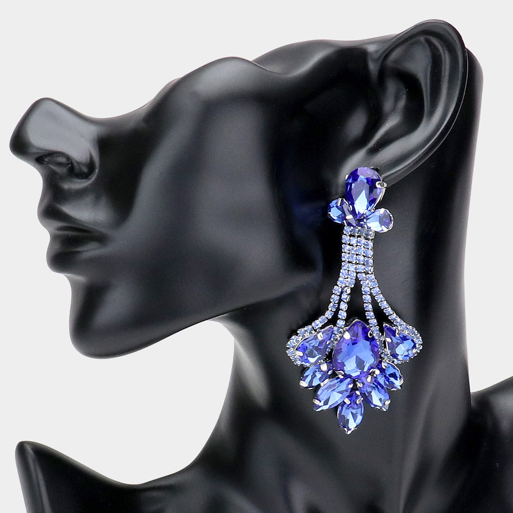 Light Blue Crystal Teardrop Marquise Stone Cluster Chandelier Earrings  | Pageant Earrings