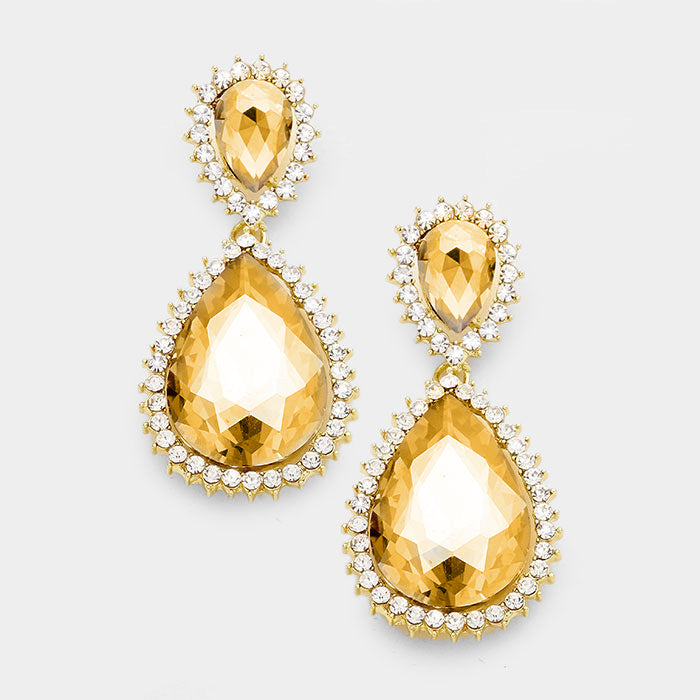 Gold Crystal Rhinestone Teardrop Evening Earrings
