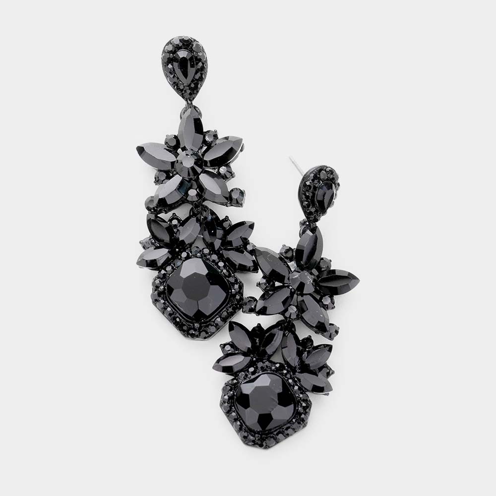 Black Crystal Rhinestone Floral Pageant Earrings | Prom Earrings