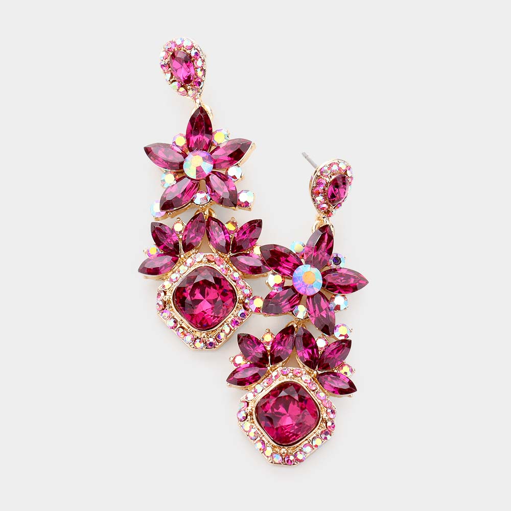 Fuchsia Crystal Rhinestone Floral Pageant Earrings | Prom Earrings