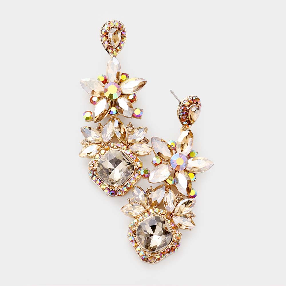 Gold Crystal Rhinestone Floral Pageant Earrings | Prom Earrings 