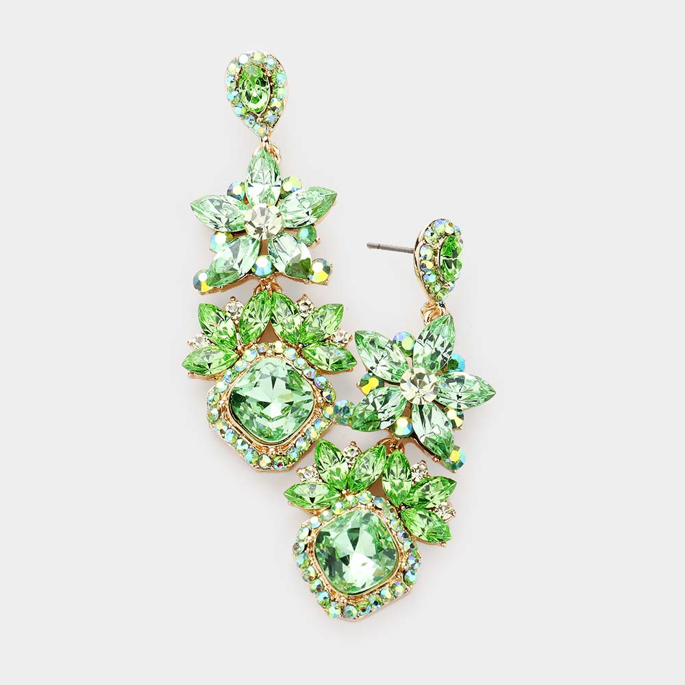 Peridot Crystal Rhinestone Floral Pageant Earrings | Prom Earrings