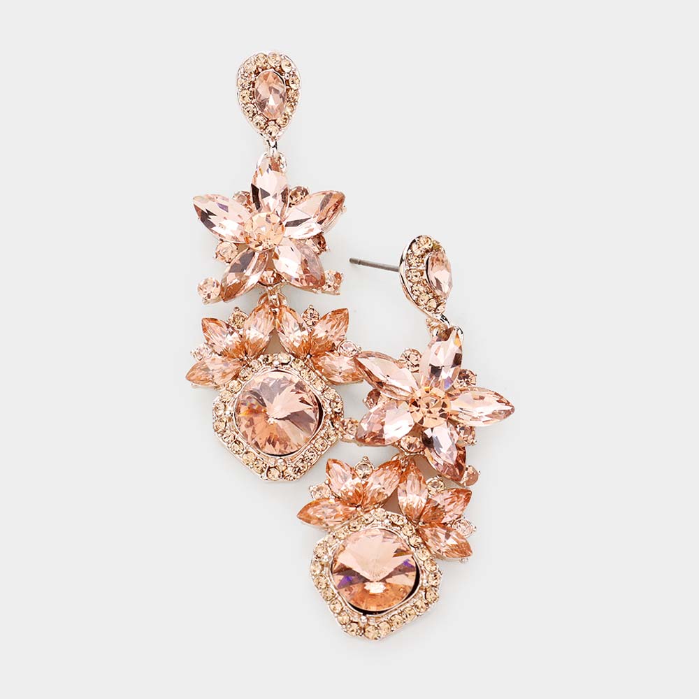  Peach Crystal Rhinestone Floral Pageant Earrings | Prom Earrings