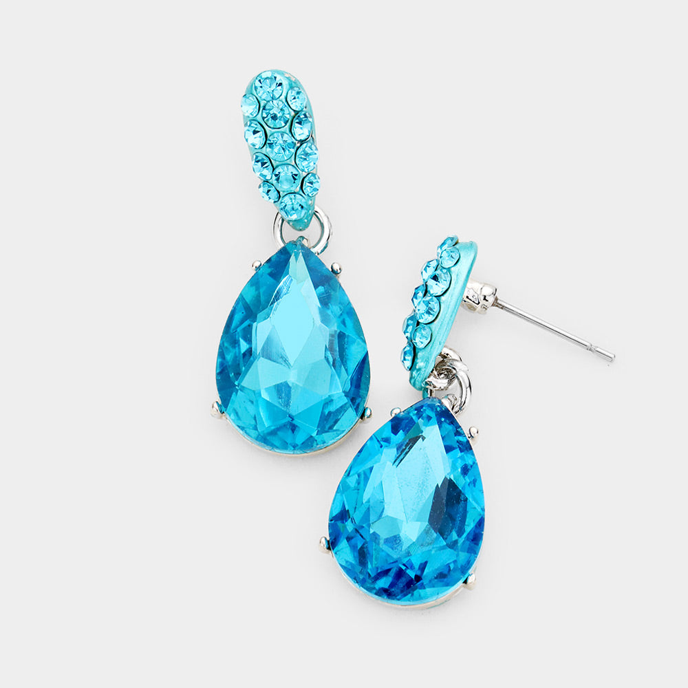 Small Aqua Crystal and Rhinestone Teardrop Dangle Earrings