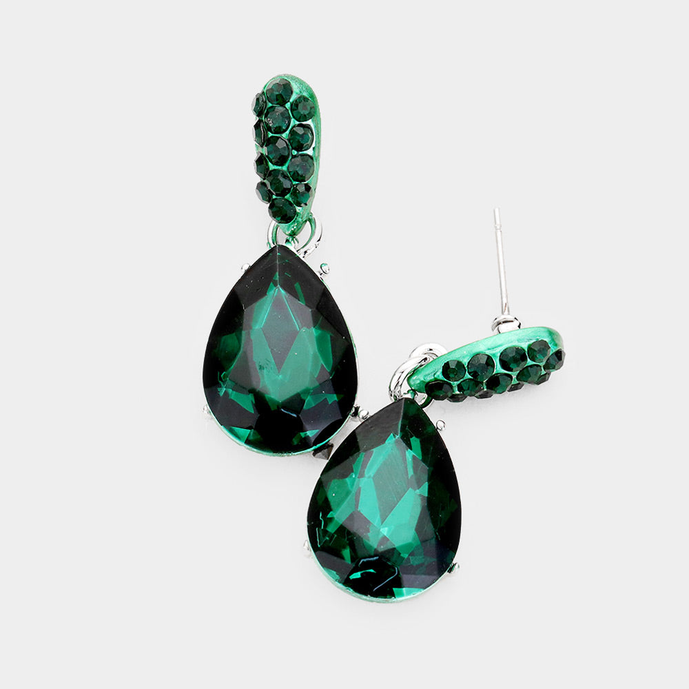 Small Emerald Crystal and Rhinestone Teardrop Dangle Earrings