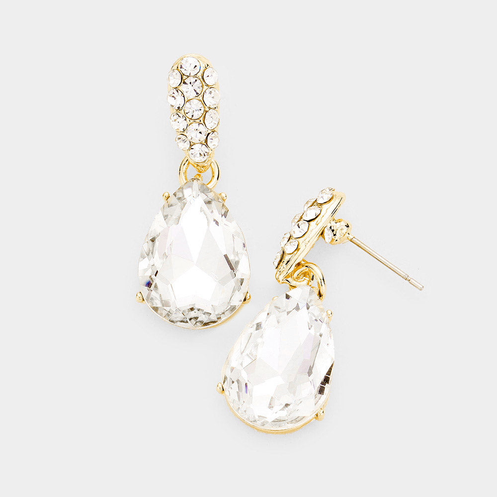 Small Clear Crystal and Rhinestone Teardrop Dangle Earrings on Gold