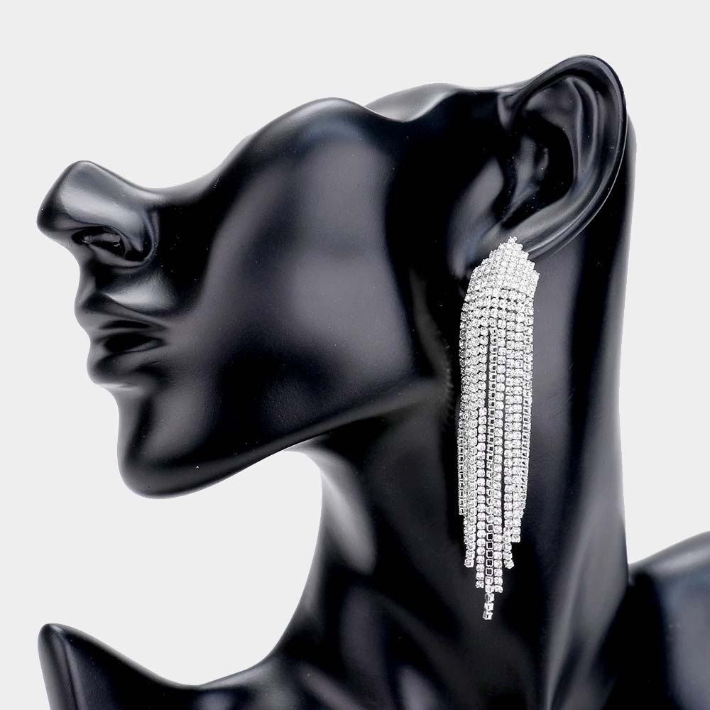 Clear Rhinestone Fringe Drop Pageant Earrings  | Prom Earrings