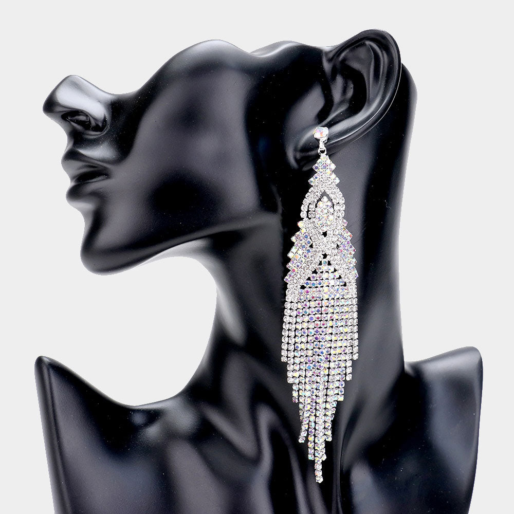 Long Elegant AB Crystal Rhinestone Fringe Pageant Earrings on Silver