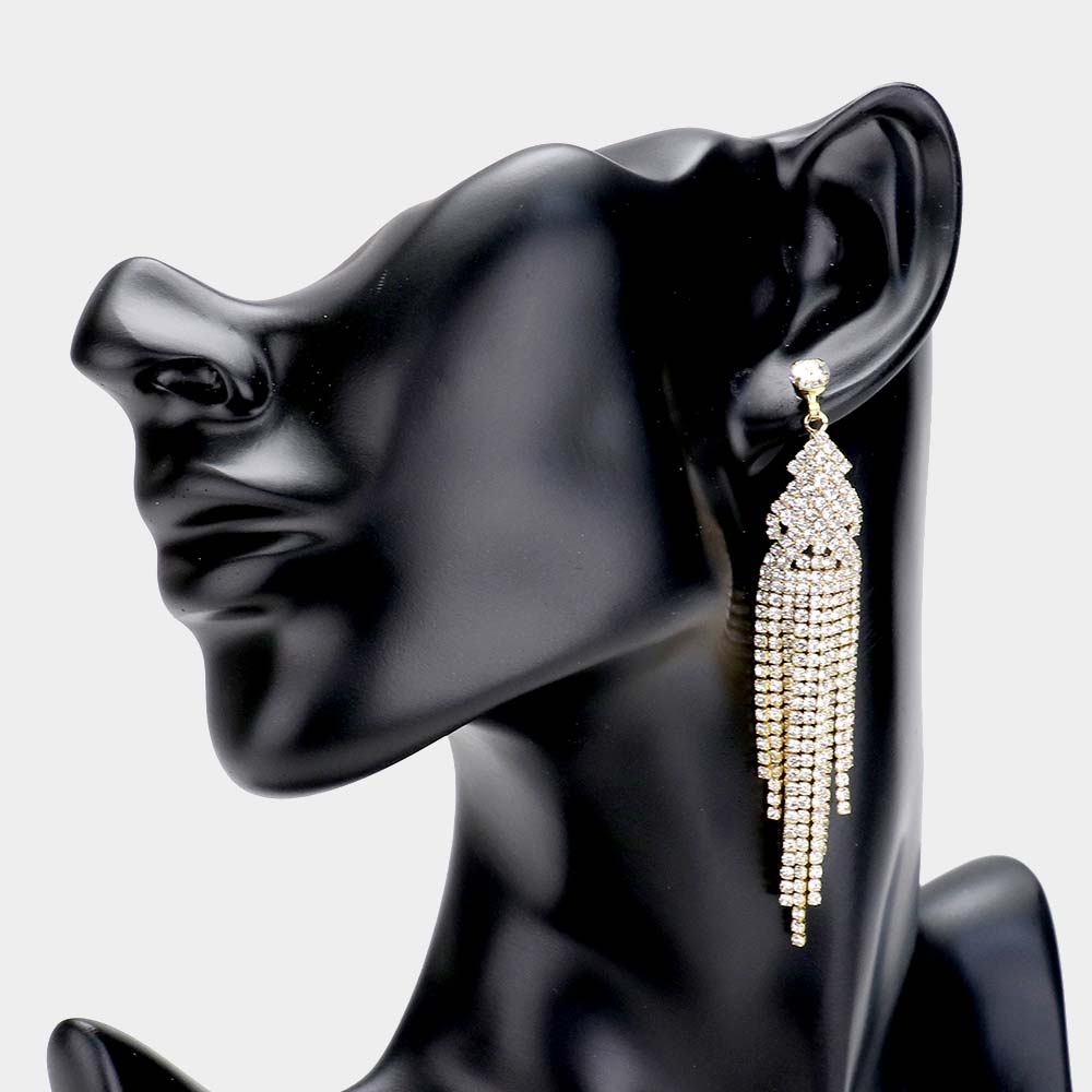 Clear Rhinestone Multi Strand Fringe Pageant Earrings on Gold | Prom Earrings