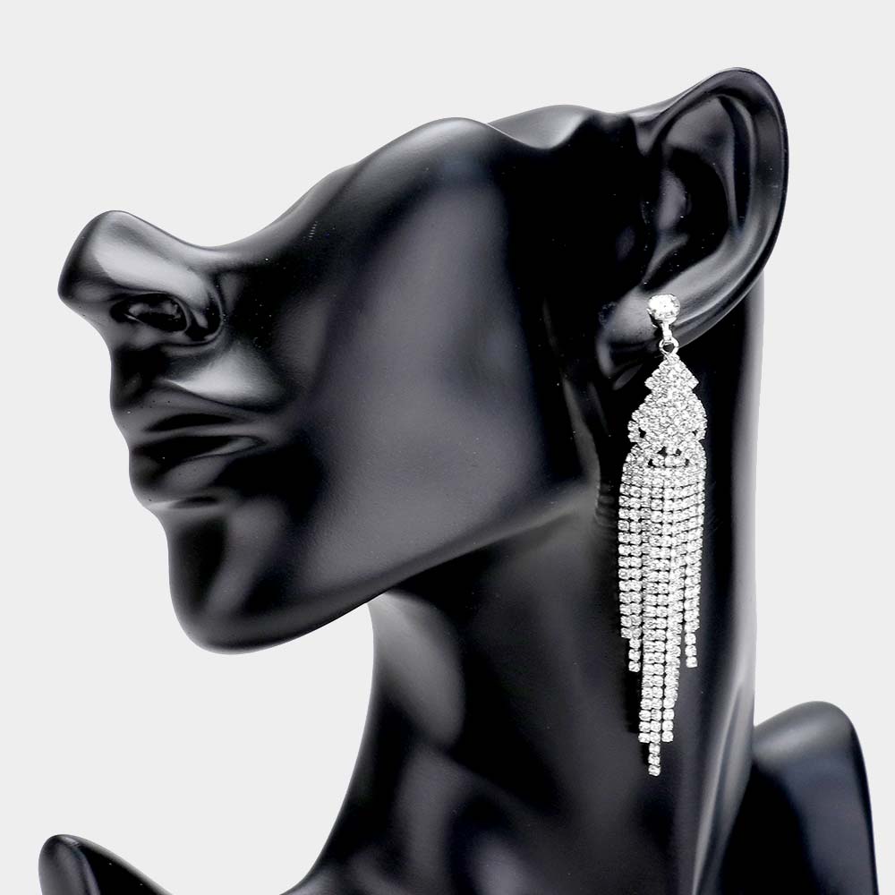 Clear Rhinestone Multi Strand Fringe Pageant Earrings  | Prom Earrings