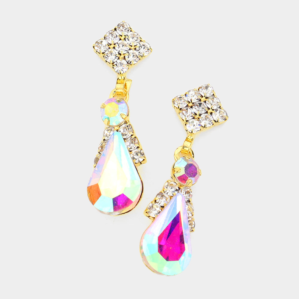 Small AB Teardrop Rhinestone Accented Dangle Pageant Earrings on Gold