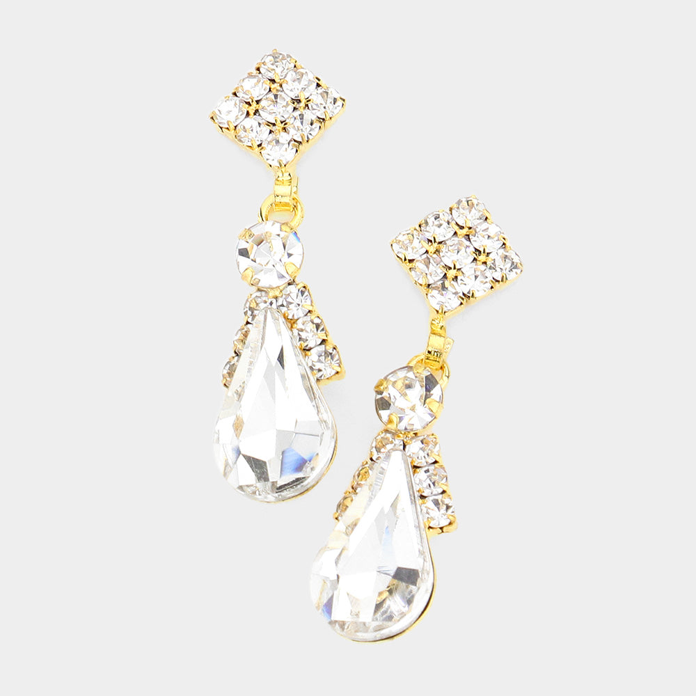 Small Clear Teardrop Rhinestone Accented Dangle Pageant Earrings on Gold