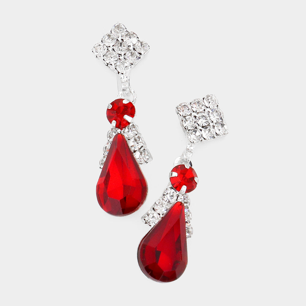 Small Red Teardrop Rhinestone Accented Dangle Pageant Earrings