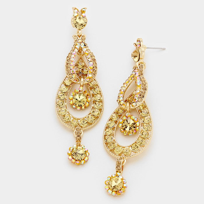 Gold Crystal Rhinestone Dangle Prom Pageant Earrings