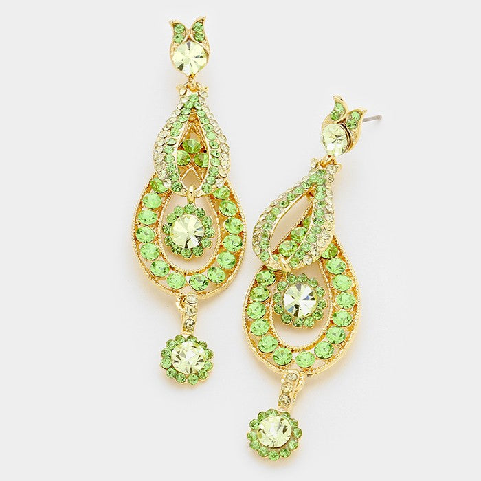 Green Crystal Rhinestone Dangle Prom Pageant Earrings