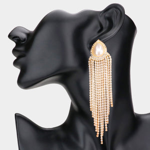 Cream Pearl Teardrop Accented Rhinestone Fringe Pageant Earrings on Gold