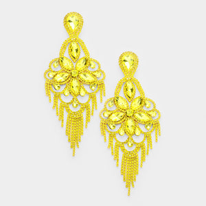 Very Large Light Weight Yellow Crystal Flower Fringe Earrings
