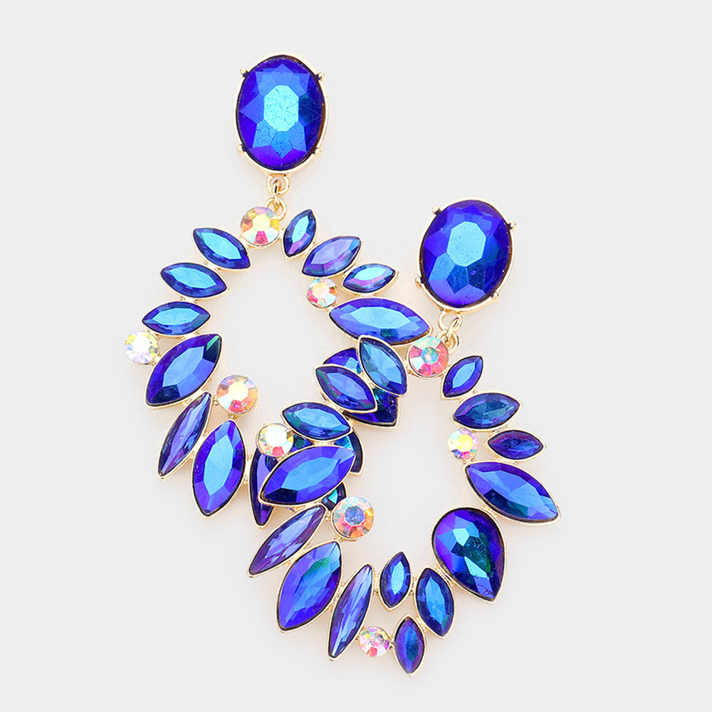 Royal Blue AB Crystal Marquise Stone Open Oval Pageant Earrings 