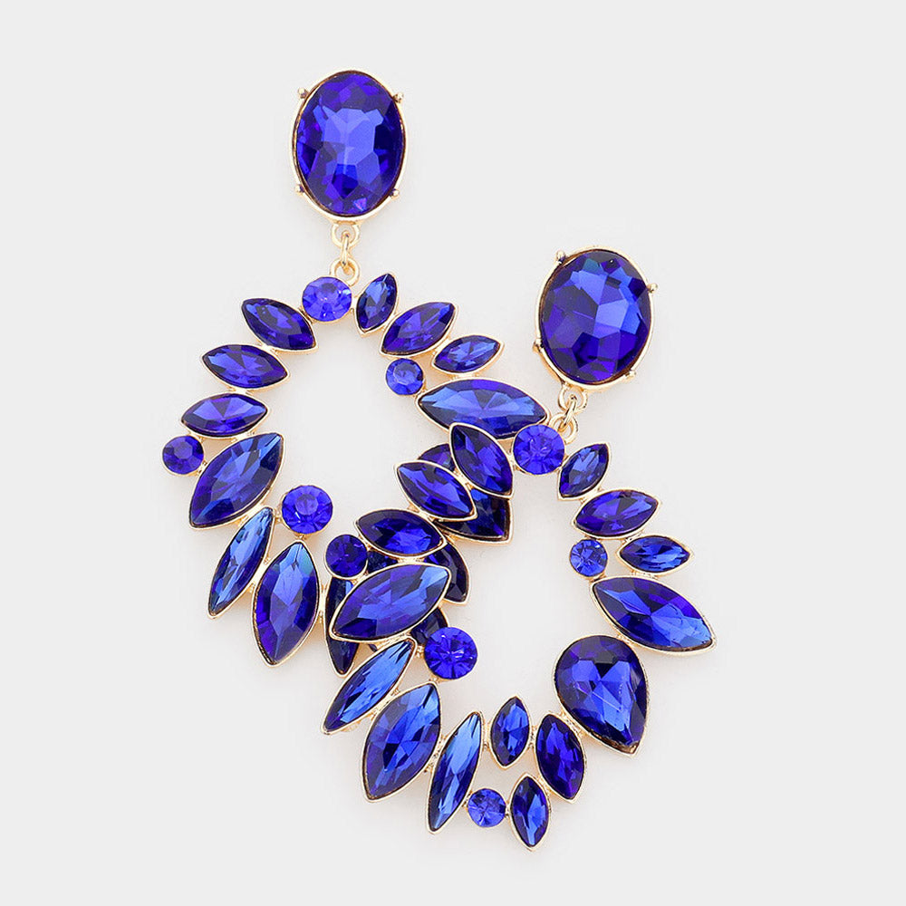 Royal Blue Crystal Marquise Stone Open Oval Pageant Earrings 