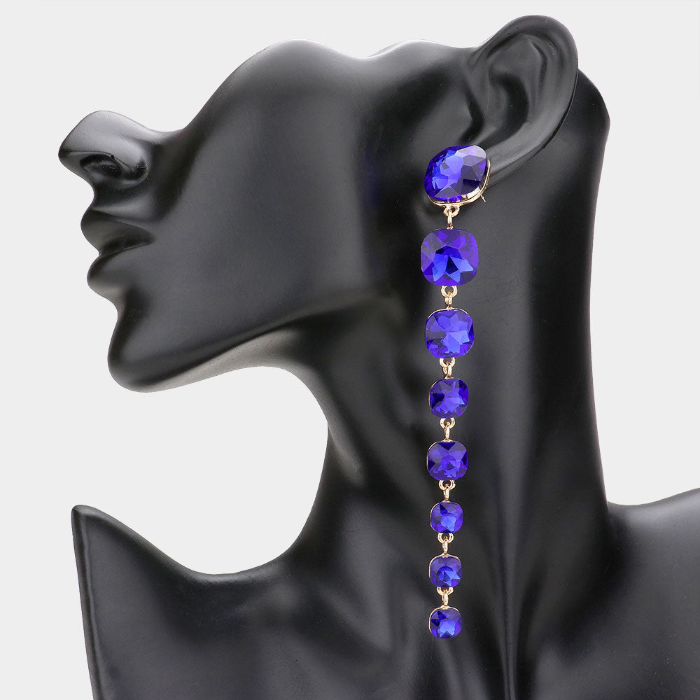 Long Royal Blue Cushion Square Stone Link Pageant Earrings  | Pageant Jewelry
