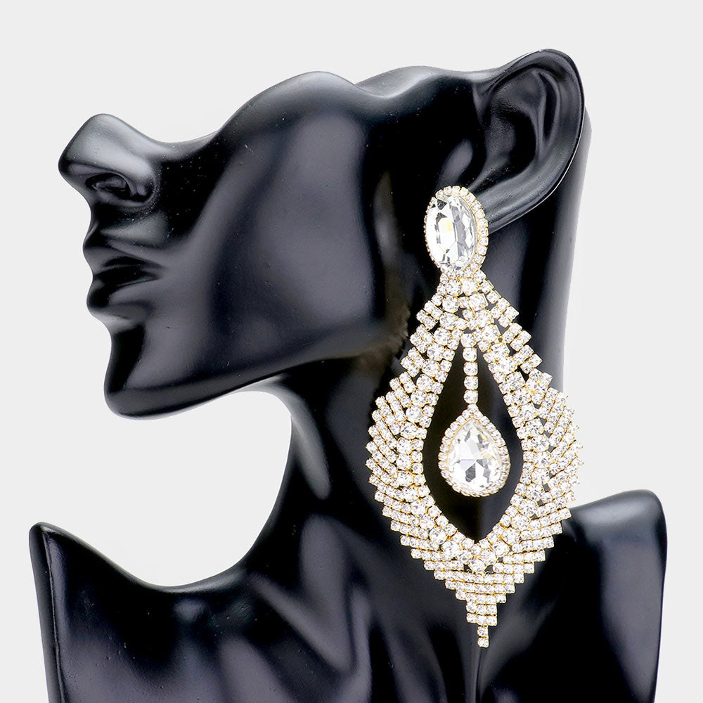 Large Clear Crystal Chandelier Pageant Earrings on Gold