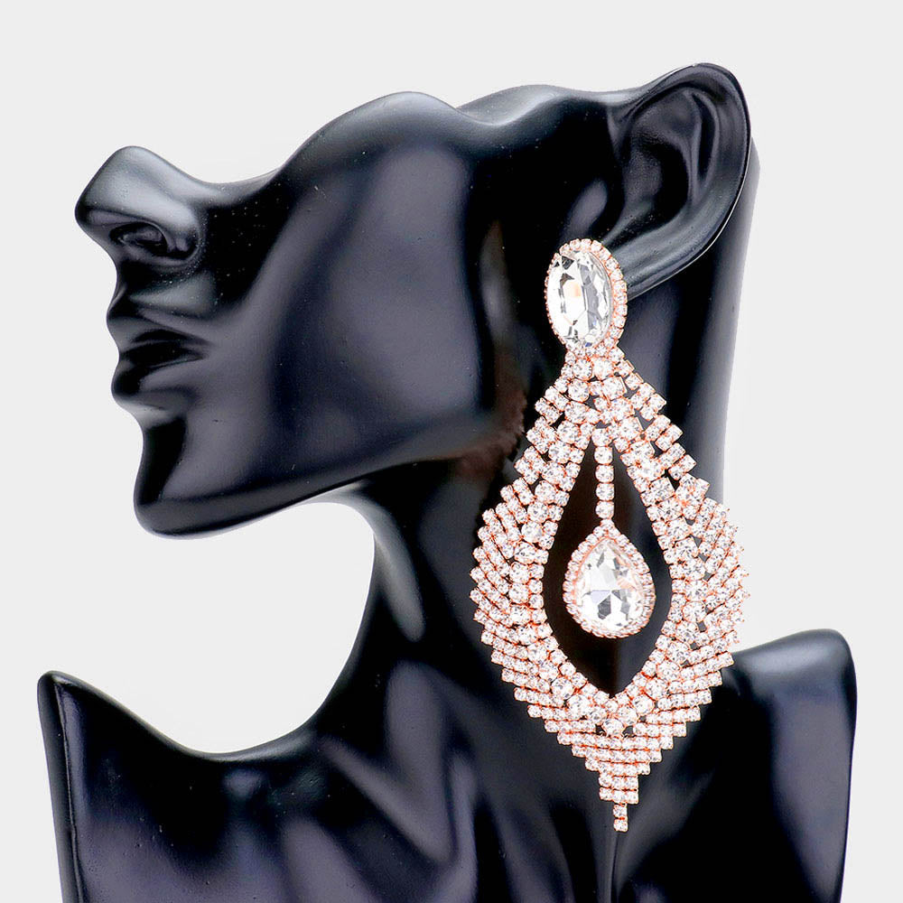 Large Clear Crystal Chandelier Pageant Earrings on Rose Gold | 512166