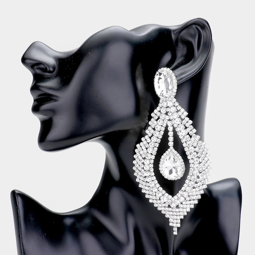 Long Clear Crystal Chandelier Pageant Earrings