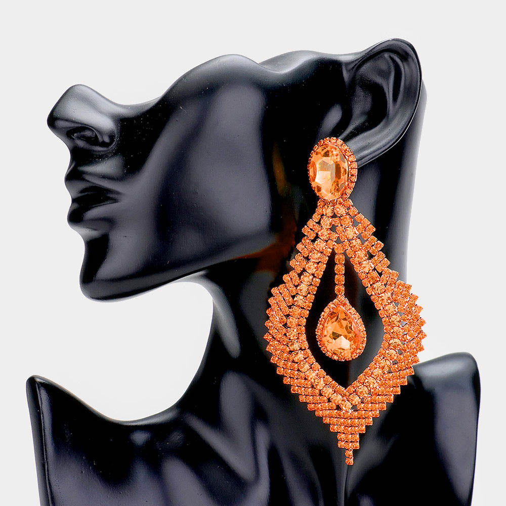 Large Orange Crystal Chandelier Pageant Earrings