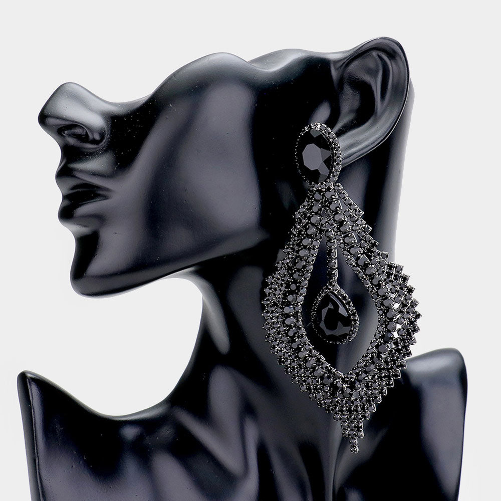 Long Jet Black Crystal Chandelier Pageant Earrings