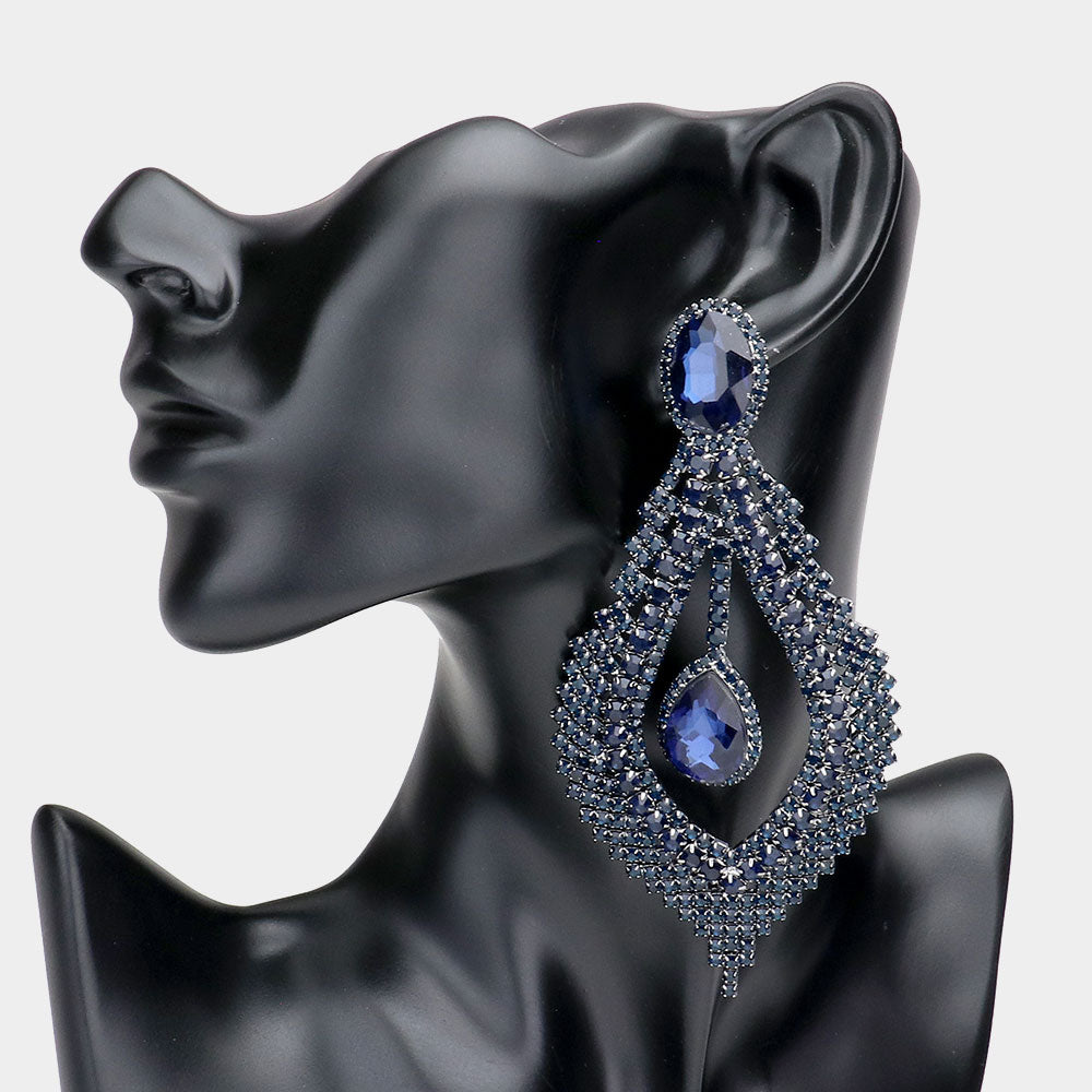 Large Navy Crystal Chandelier Pageant Earrings